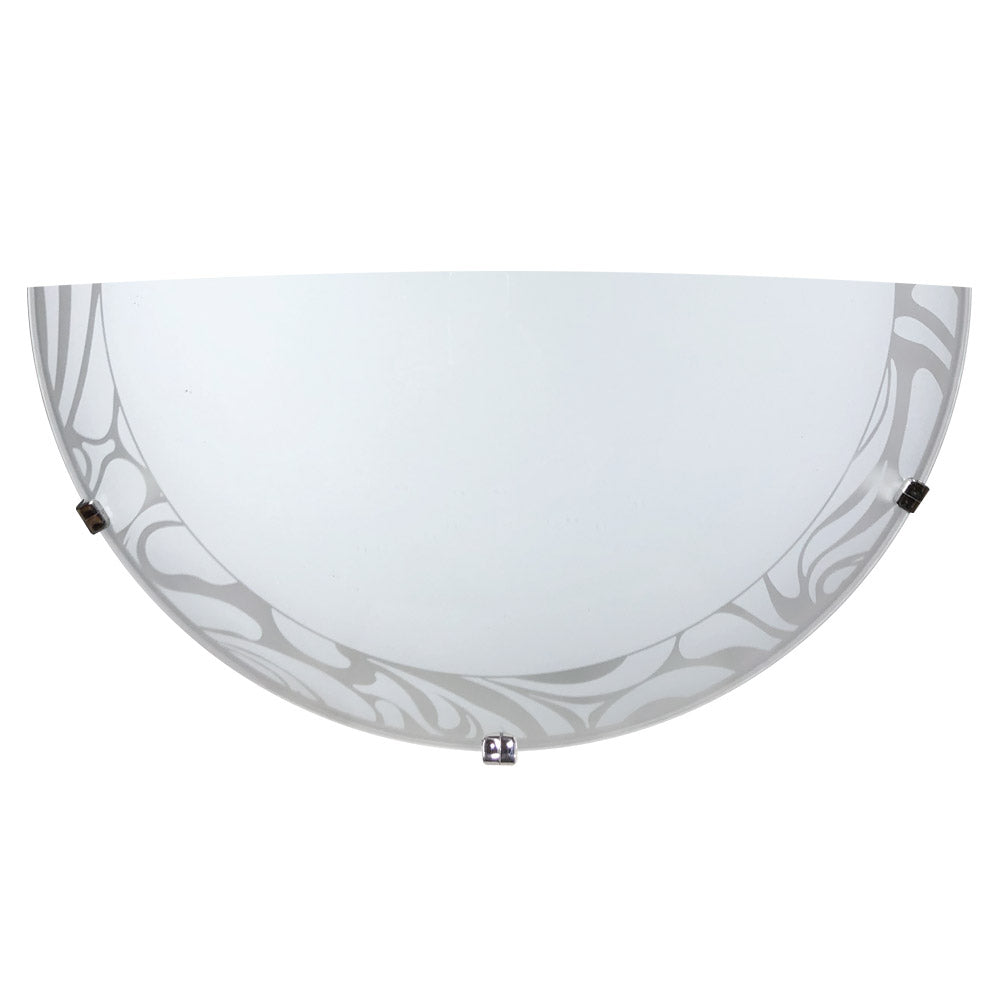 Elegante Applique Cromo con Vetro Decorato e Lastra Bianco, dotata di Ganci per l'installazione, adatta a contenere una lampadina E27.