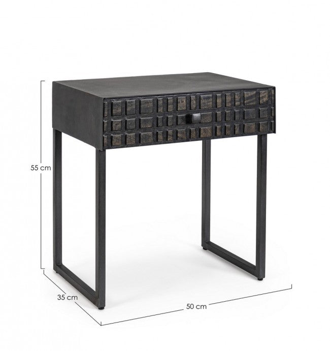 Tavolino nero 1 cassetto in legno stile industriale 50x35x55