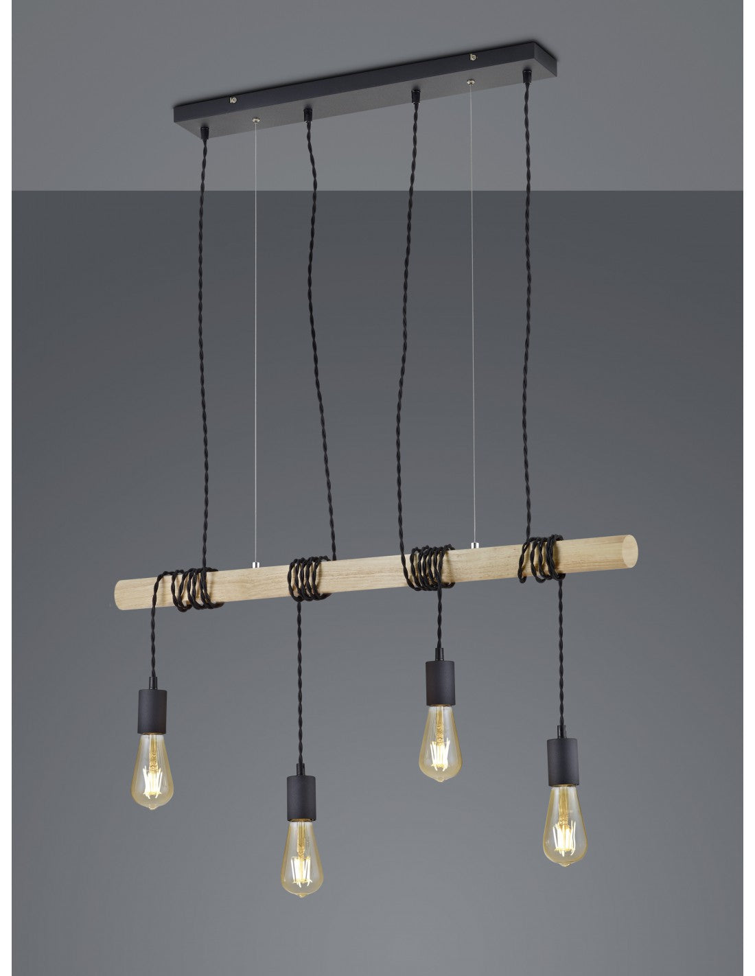 Sospensione Vintage Brody 4xE27 Nero Legno Trio Lighting