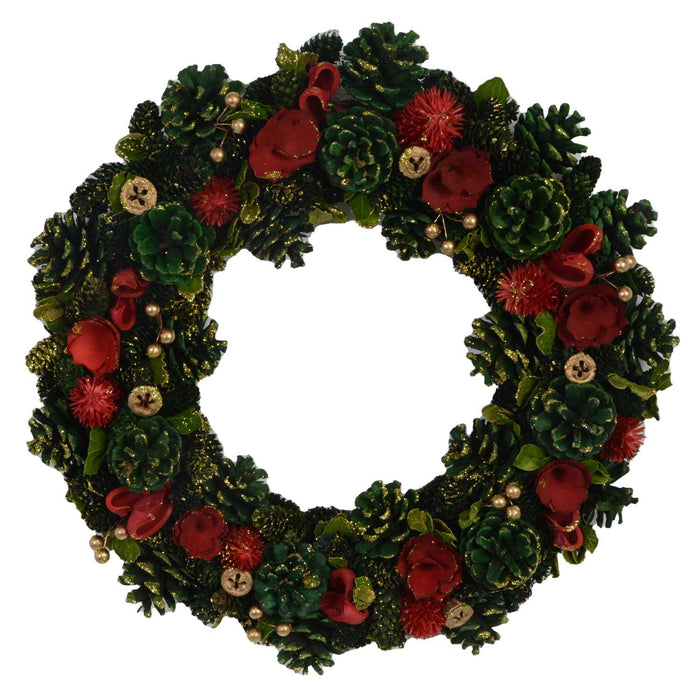Coroncina con fiori rosso e pigne verde cm 45h8
