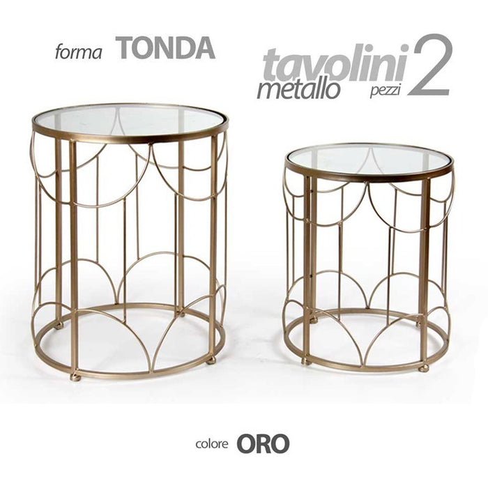 Set due tavolini salotto tondi oro piano vetro