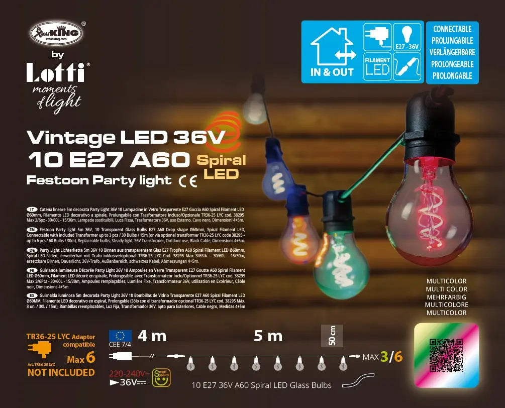 Party Light 36V 10 A60 E27 Spiral Filament LED 4+5m Multicolor