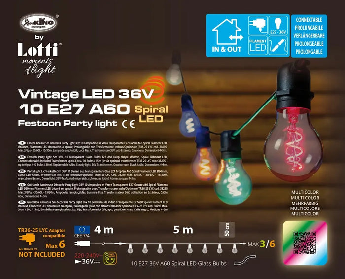 Party Light 36V 10 A60 E27 Spiral Filament LED 4+5m Multicolor