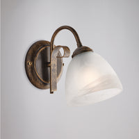 Applique in ferro laccato marrone con decorazione oro antico e diffusore in vetro diametro 13 alabastro bianco 1 luce H.20 - L.13 - P.23