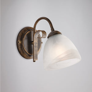 Applique in ferro laccato marrone con decorazione oro antico e diffusore in vetro diametro 13 alabastro bianco 1 luce H.20 - L.13 - P.23