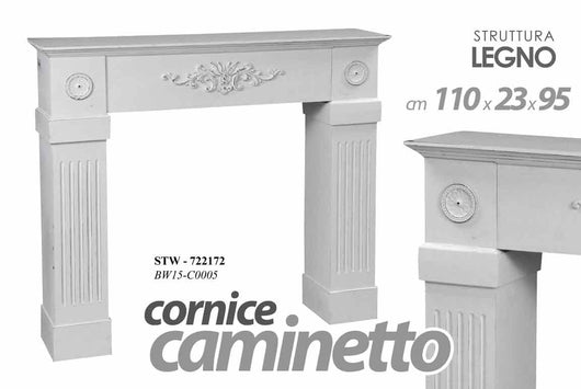 Cornice finto camino legno shabby bianco cm 110x23x95