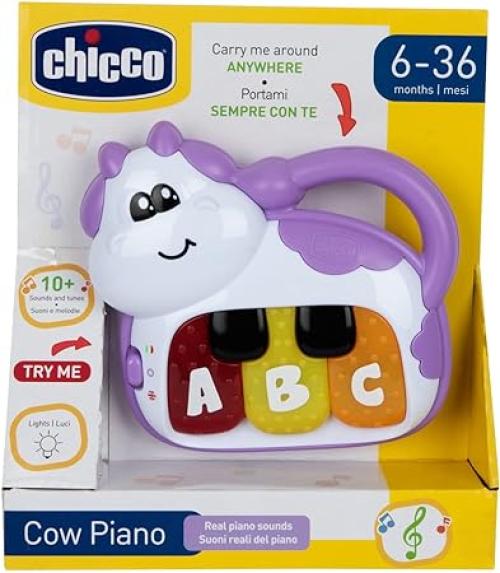 Chicco Piano Mucca, Baby Senses, Bilingue, Primo gioco parlante musicale, Facile da Afferrare, Con 3 Tasti per imparare