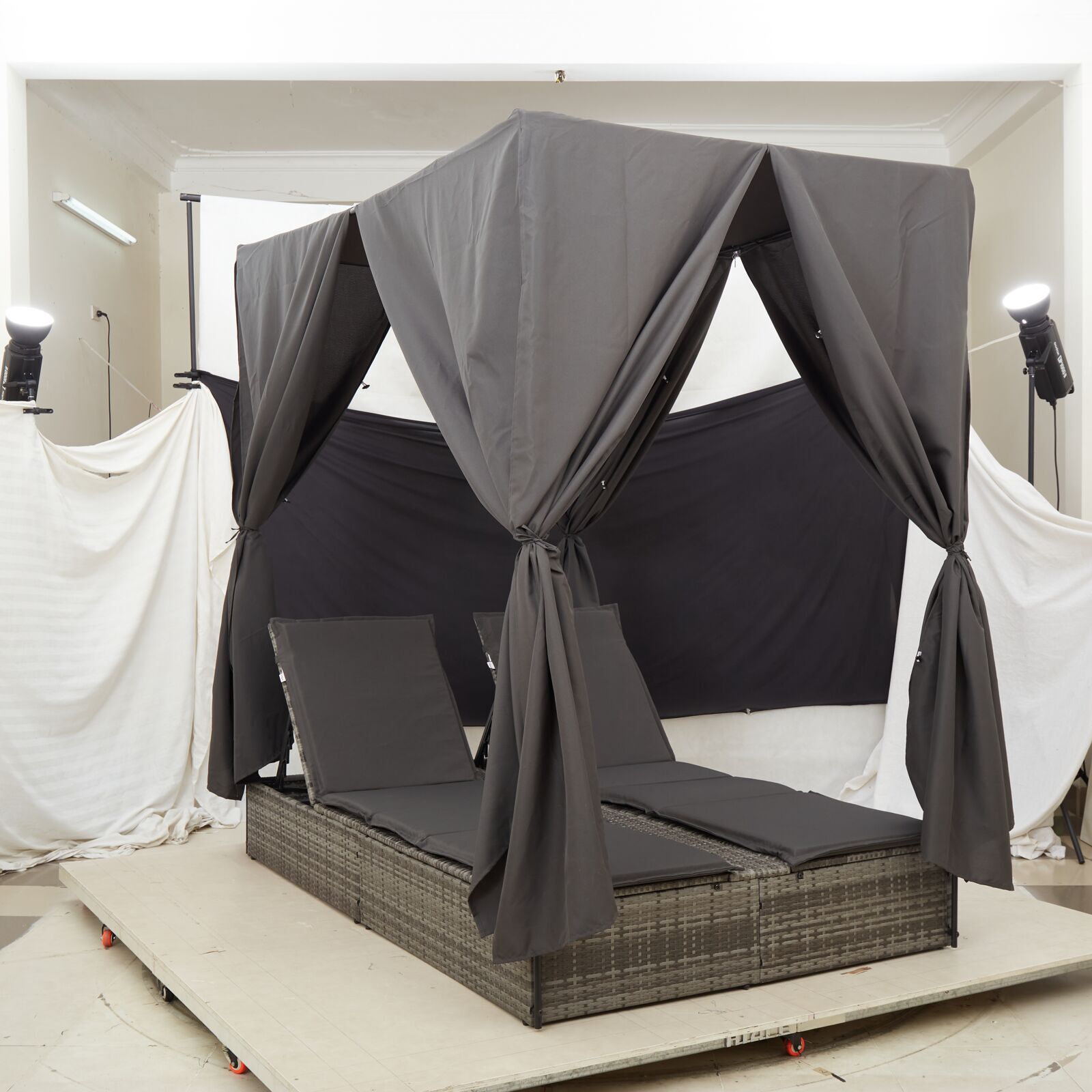 Dondolo doppio con tetto e tende Grigio Polyrattan 42004118
