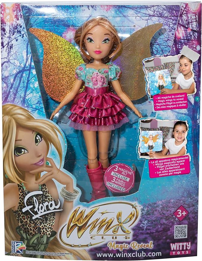 Bambola- Rocco Giocattoli-Winx Club Magical Reveal-Flora,con 3 paia di magiche ali incluse-Eta 3+
