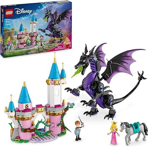 LEGO Disney Malefica Drago, Parte del Castello Giocattolo da Costruire con Torre, 2 Mini Bamboline dei Personaggi di Aur