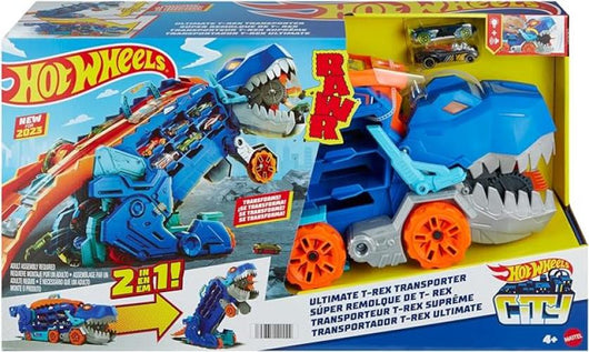 PistaHot Wheels City `Let`s Race` Netflix - Mega Dino Trasportatore, pista da corsa che si trasforma in un T-Rex, playse