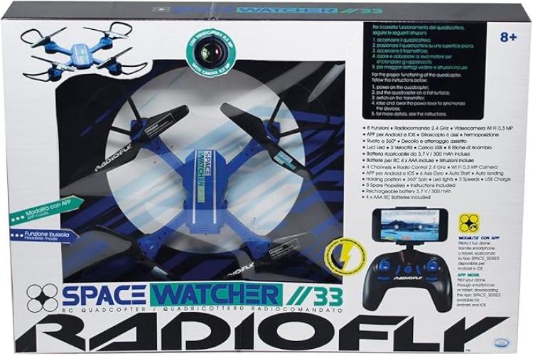 RADIOFLY, Space Watcher // 33, Drone per Bambini con Giroscopio, 8 Funzioni, 3 velocita, Rotazione 360°, con App e Suppo