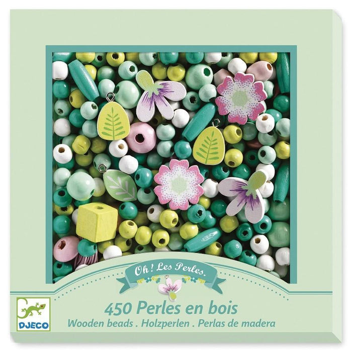 Set perle in legno Foglie e Fiori per collana, 450 perle con filo,Djeco, Eta  5-10 anni