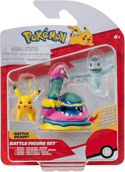 Pokemon Battle figure set ,Pikachu,Alolan Muk,Machop,Jazwares,Eta 4+
