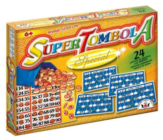 Super Tombola Special, 24 cartelle in  plastica con nuovo sistema segnapunti e numeri in legno,Edizione Marca Stella,Eta