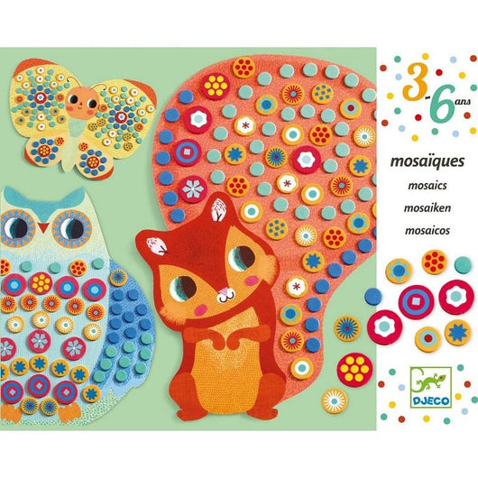 Mosaico Millefiori,Gioco creativo con dischetti autoadesivi da incollare su sagome di animali,Djesco,Eta 3-6 anni