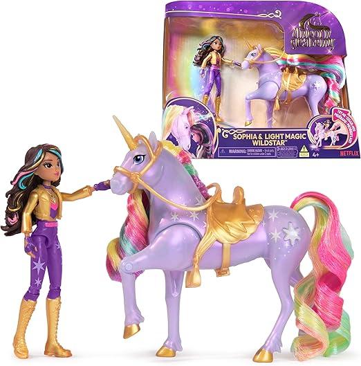 Unicorn Academy, Sophia & Light Magic Wildstar con Effetto Magica Luce dell`Arcobaleno, 2 Accessori per l`Equitazione,Sp