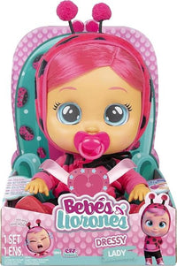 CRY BABIES Dressy Lady la coccinella | Bambola interattiva che piange lacrime vere, con capelli colorati e vestitini int