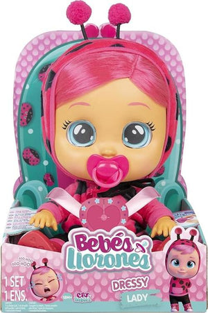 CRY BABIES Dressy Lady la coccinella | Bambola interattiva che piange lacrime vere, con capelli colorati e vestitini int