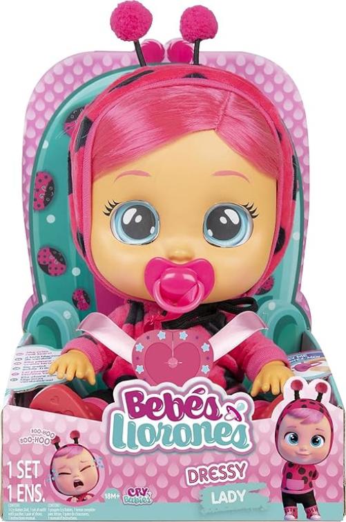 CRY BABIES Dressy Lady la coccinella | Bambola interattiva che piange lacrime vere, con capelli colorati e vestitini int