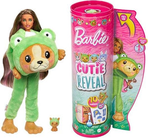 Barbie Cutie Reveal - Bambola con costume di peluche da cagnolino-rana e 10 accessori a sorpresa cambia colore, serie Am