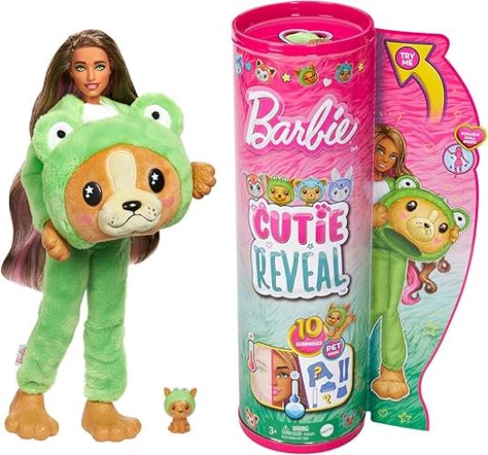 Barbie Cutie Reveal - Bambola con costume di peluche da cagnolino-rana e 10 accessori a sorpresa cambia colore, serie Am