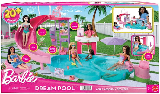 Barbie,Piscina dei sogni con scivolo,idromassaggio e accessori,Mattel,Eta 3+