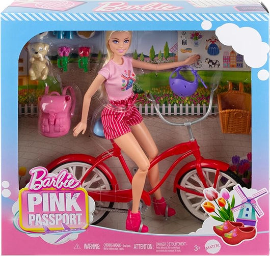Barbie Pink Passport,Set bambola con bicicletta e cucciolo,Mattel,Eta3+