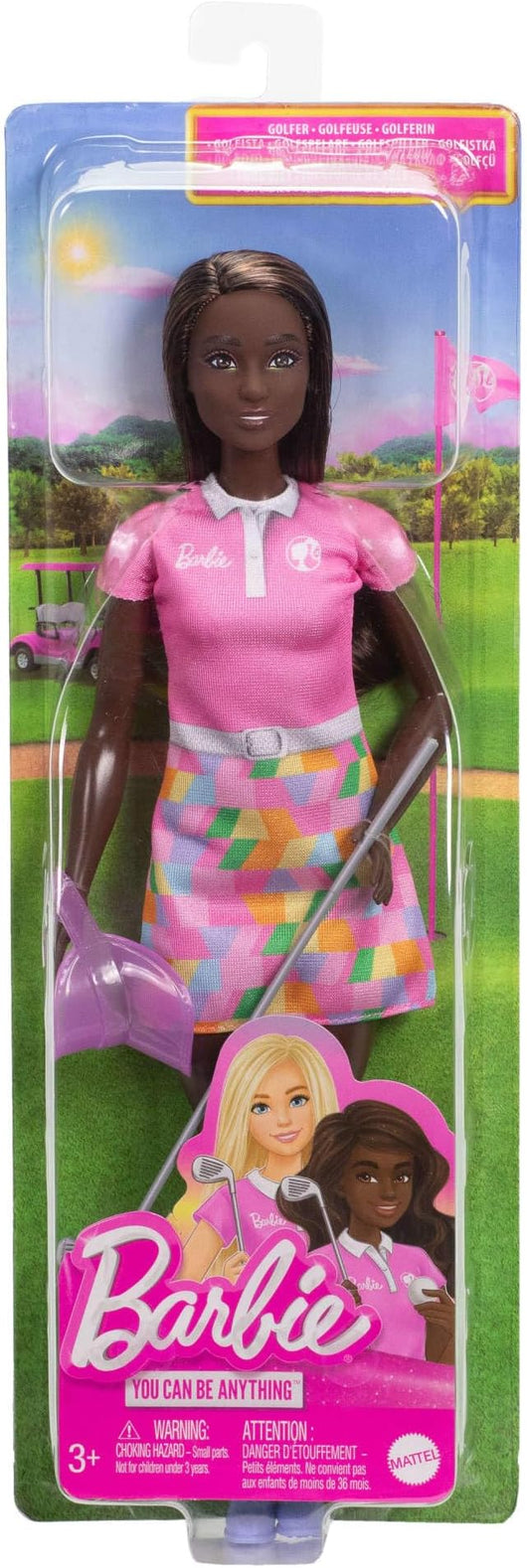 Barbie Carriere - Golfista, bambola bruna con divisa da golf e polo rosa rimovibile, mazza da golf e visiera incluse,Mat