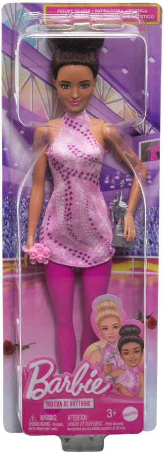 Barbie Carriere - Pattinatrice, bambola castana con outfit rosa da pattinaggio, pattini da ghiaccio rimovibili, trofeo e