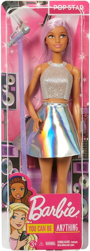 Barbie Carriere - Pop Star, bambola con top argentato e gonna irridescente, lunghi capelli rosa e scarpe viola, accessor