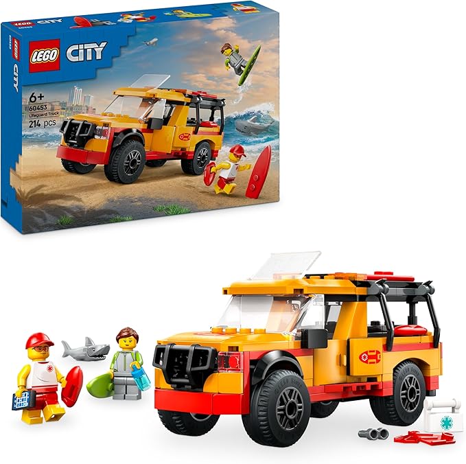 LEGO City Fuoristrada di Soccorso del Bagnino - Jeep Giocattolo da Costruire con 2 Minifigure e Squalo - Eta 6+