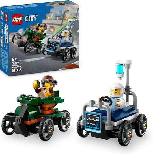 LEGO City Pack Veicoli da Corsa: Aereo Contro Letto d`Ospedale - Modelli di Auto Giocattolo con 2 Minifigure - Eta 5+