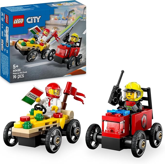 LEGO City Pack Veicoli da Corsa: Pizzaiolo Contro Pompiere - Macchine Giocattolo con 2 Minifigure - Eta 5+