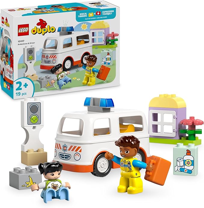 LEGO DUPLO Ambulanza e Autista - Include una Macchina Giocattolo, una Piccola Casa, 2 Figure e Mattoncini di Primo Socco