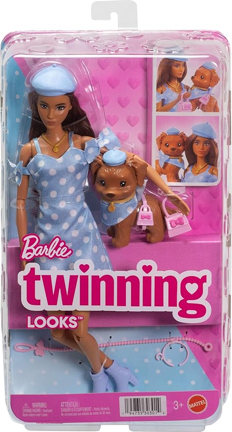 Barbie - Twinning Looks, bambola castana e cagnolino in abiti azzurri a pois abbinati, accessori per entrambi quali berr
