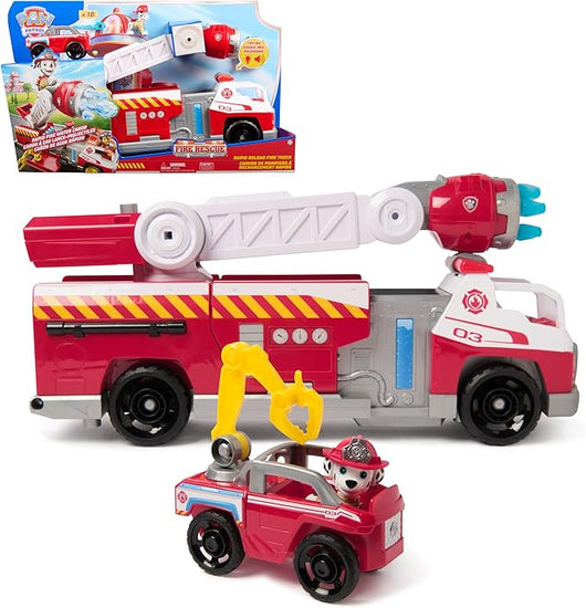 Paw Patrol Fire Rescue: Camion dei Pompieri a Caricamento Rapido con Personaggio Marshall, Lanciatore Rapido, Luci e Suo