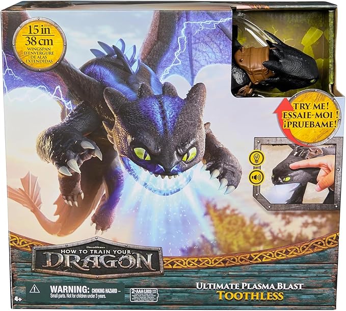 DreamWorks Dragons, How to Train Your Dragon, Sdentato Sputafuoco, Action Figure con Luci, Suoni e Ali da 38 cm,Spin Mas