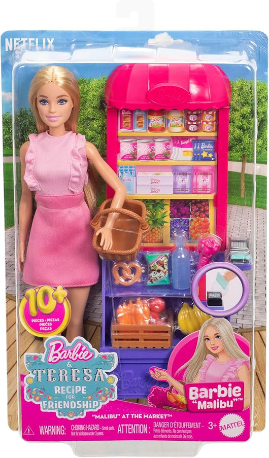Barbie - Malibu fa la spesa, bambola bionda e bancarella del mercato con 11 accessori a tema, set ispirato al film Barbi