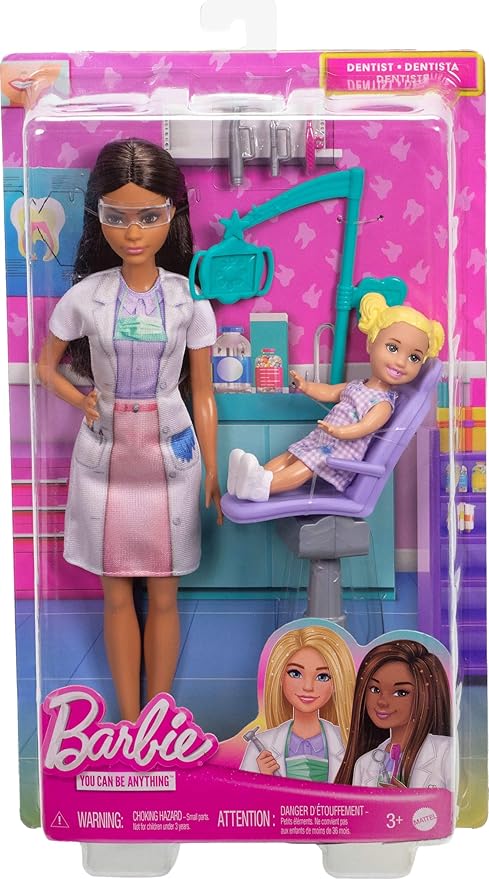 Barbie Bambola dentista con bambola bruna alla moda con vestito blu e cappotto da laboratorio, 1 bambola per bambini, mo