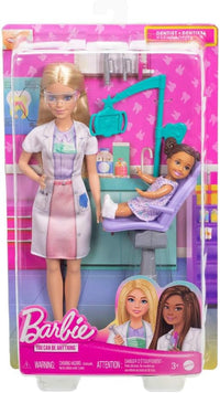 Barbie Carriere - Dentista, bambola bionda con abito blu e camice bianco, set include 1 piccolo paziente, mobili e acces