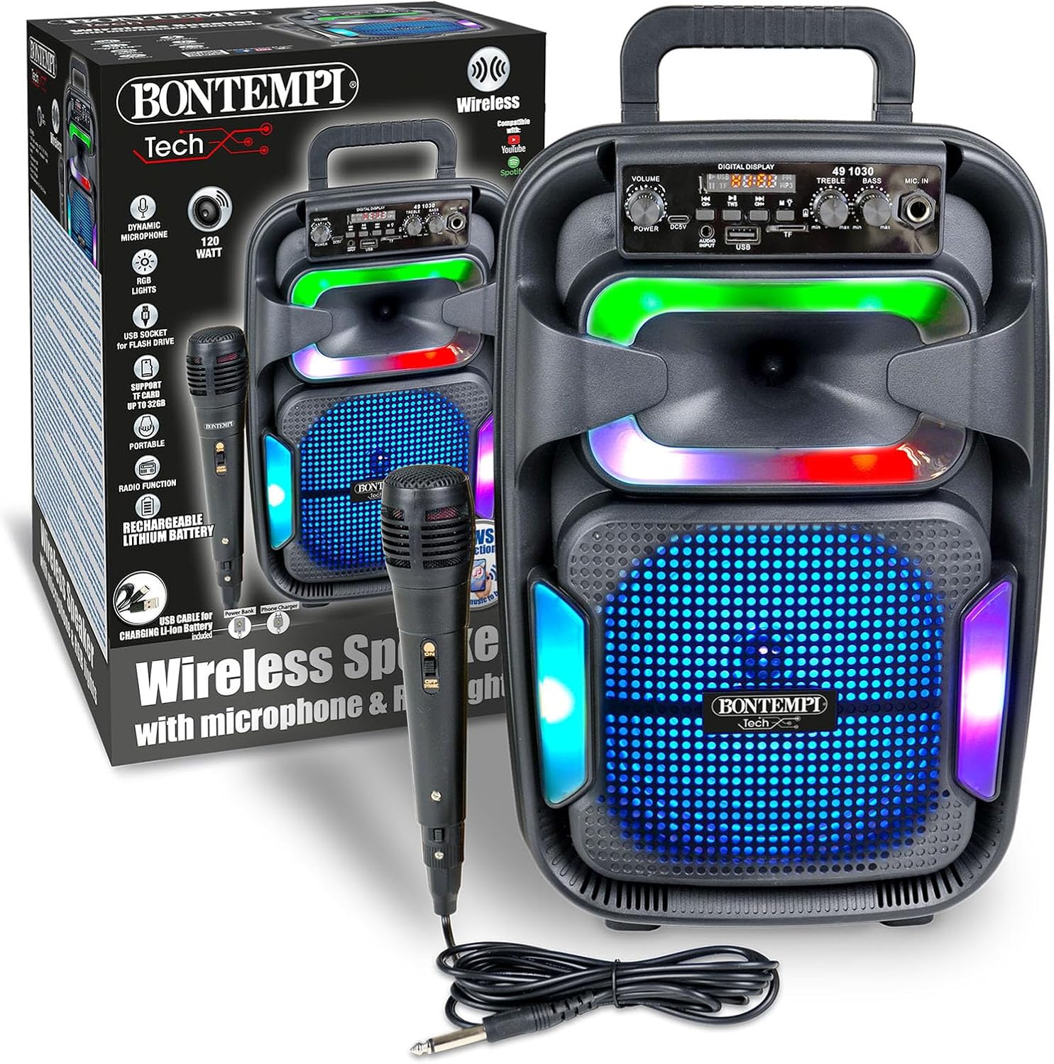 SonicSync - Amplificatore Wireless Karaoke con Microfono Dinamico, Effetti Luminosi, Regolatore Alti e Bassi, Funzione T