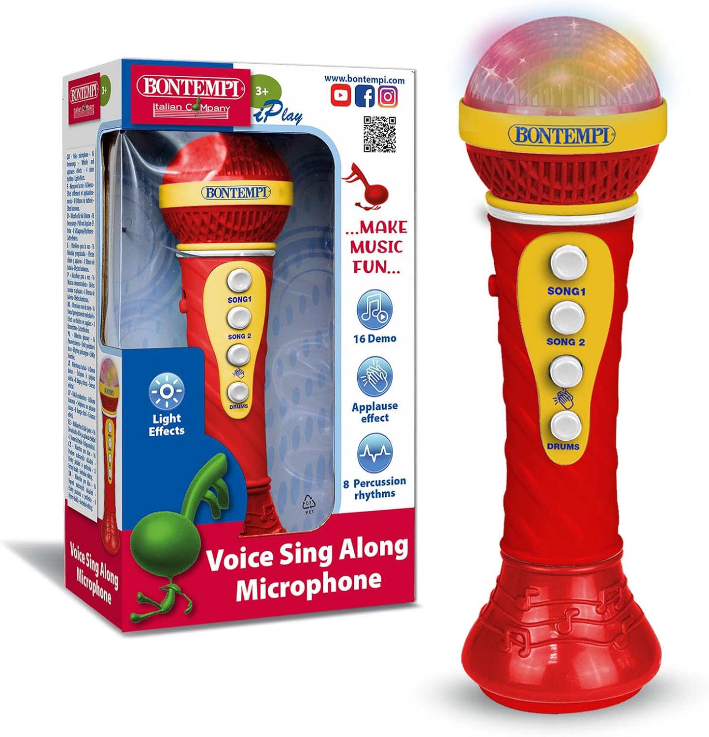 StarMic Karaoke - Microfono con Effetti Luminosi per Esibizioni da Vera Star, Rosso, 60x195x60 mm,Bontempi,Eta 3+