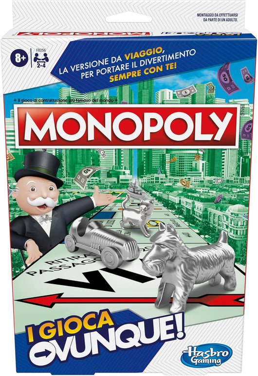 Monopoly, I Gioca Ovunque, Gioco Portatile per Famiglie,Strategia e Divertimento per 2-4 Giocatori,Hasbro,Eta 8+