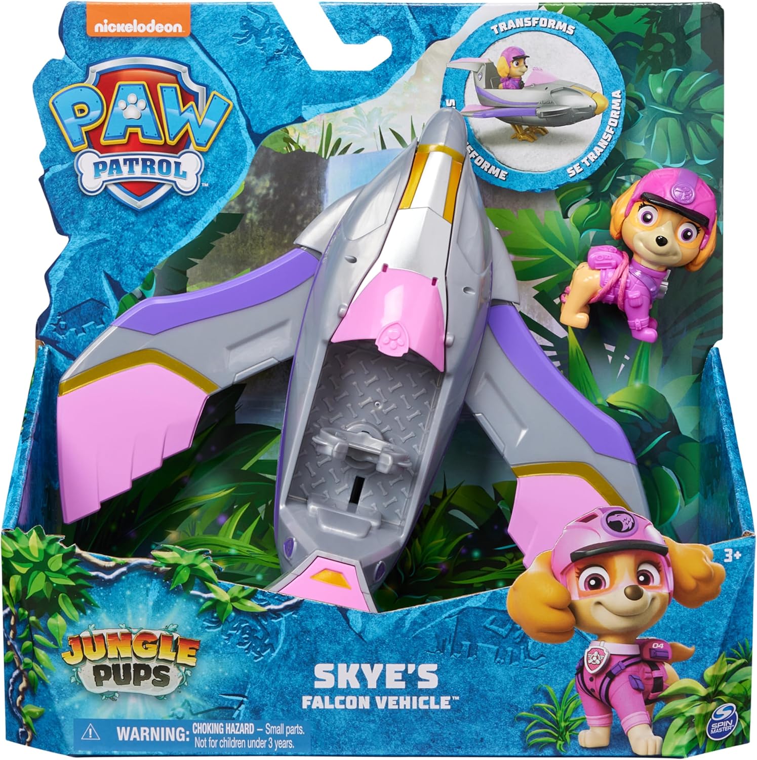 PAW Patrol Jungle Pups, Veicolo Falco di Skye, jet giocattolo con personaggio di Skye, Spin Master, Eta 3+