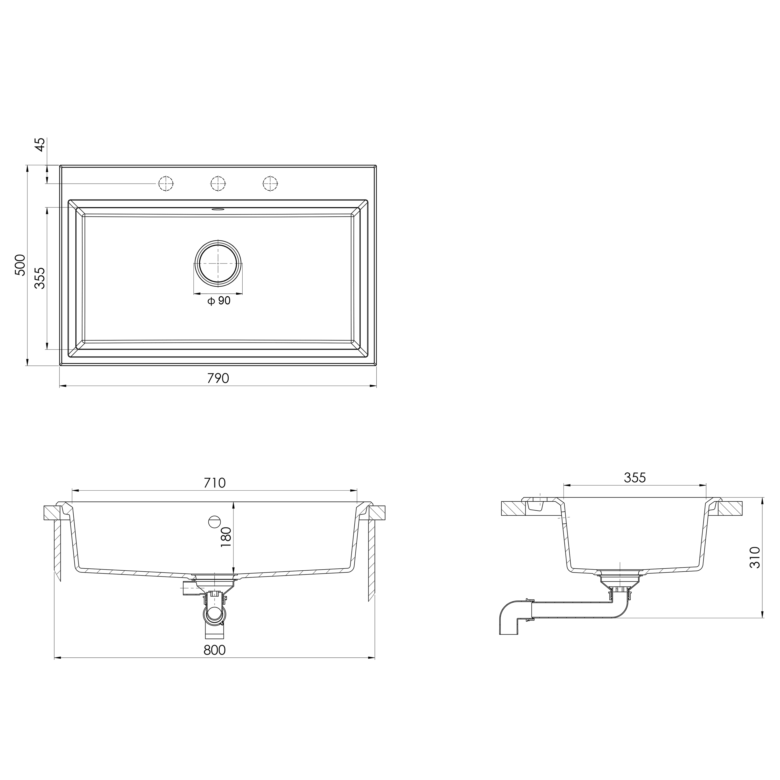 Lavello da Cucina Nero 790x500x193 mm Granito