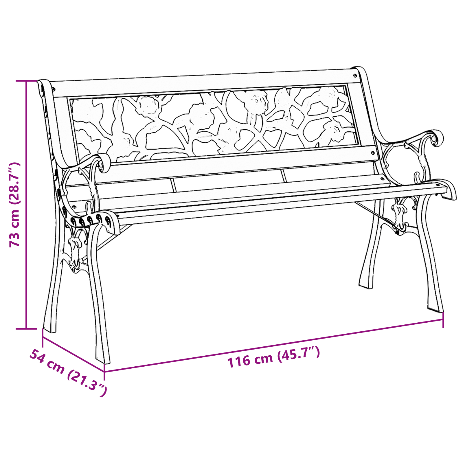 panchina da giardino  con schienale a motivi di rose 116 cm in legno