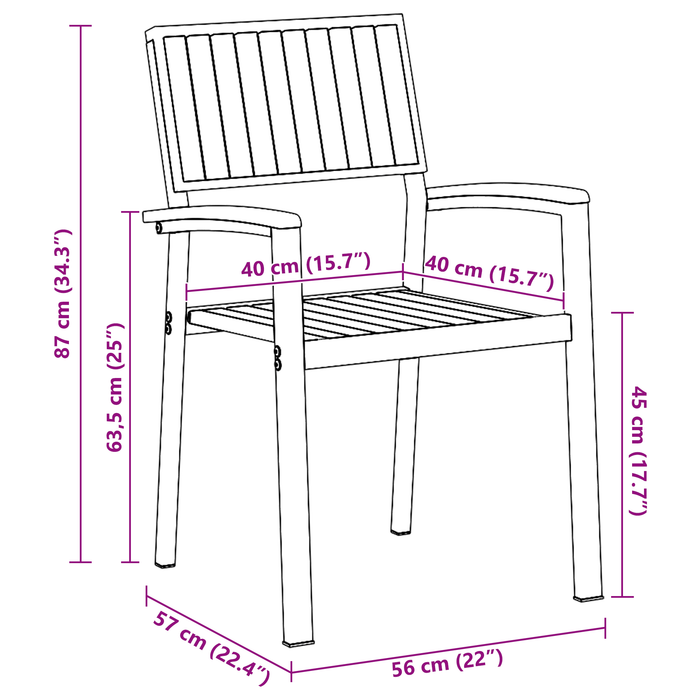 Set di 8 sedie da giardino impilabili in acciaio e legno di acacia nero