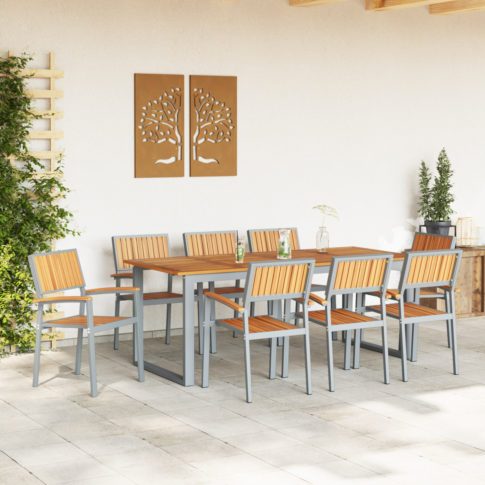 Sedie da Giardino Impilabili 8 pcs Acciaio Grigio e Legno Massello di Acacia