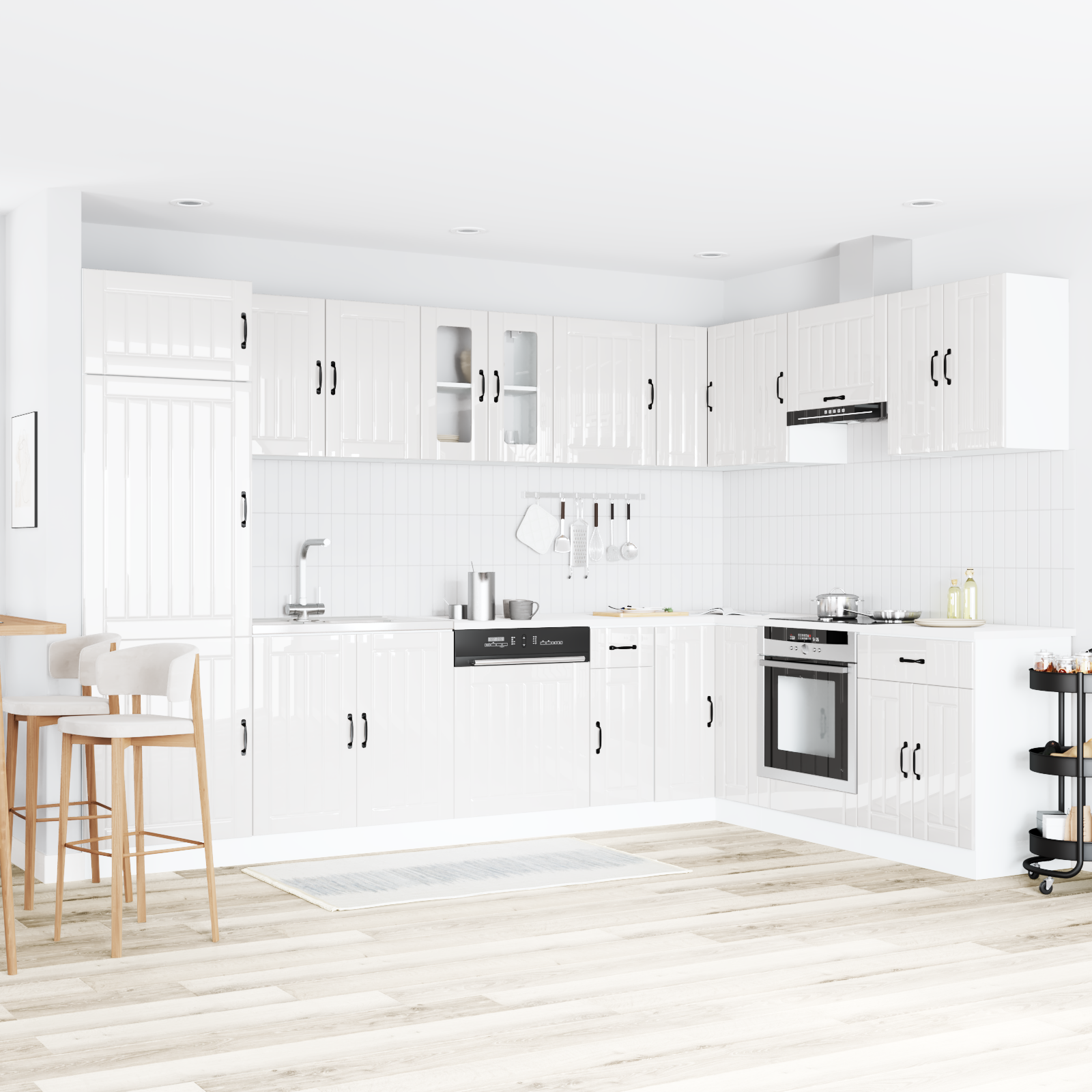 Armadio da cucina  "Lucca" con doppi lavelli in legno ingegnerizzato lucido bianco